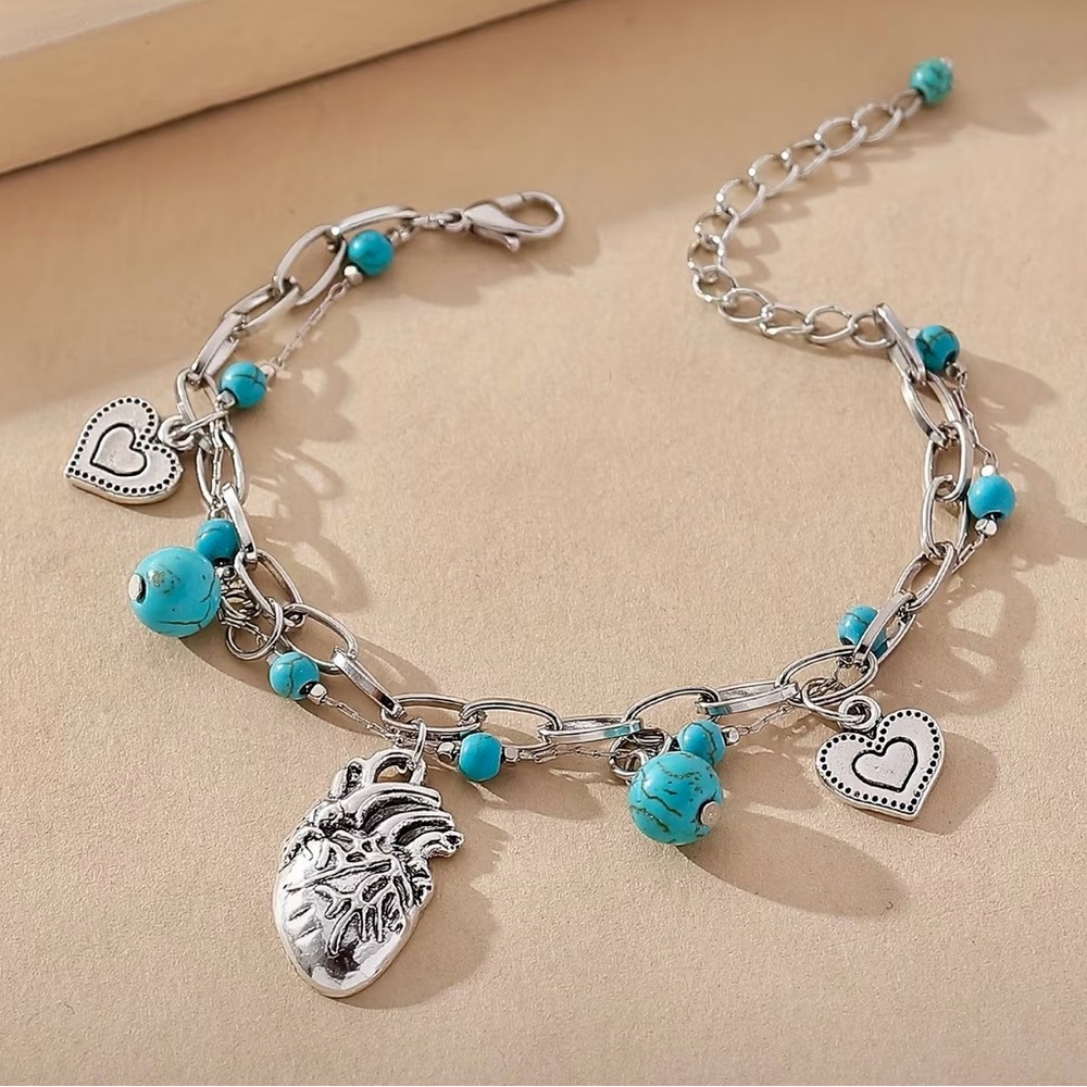 Silver and Turquoise Heart Charm Bracelet